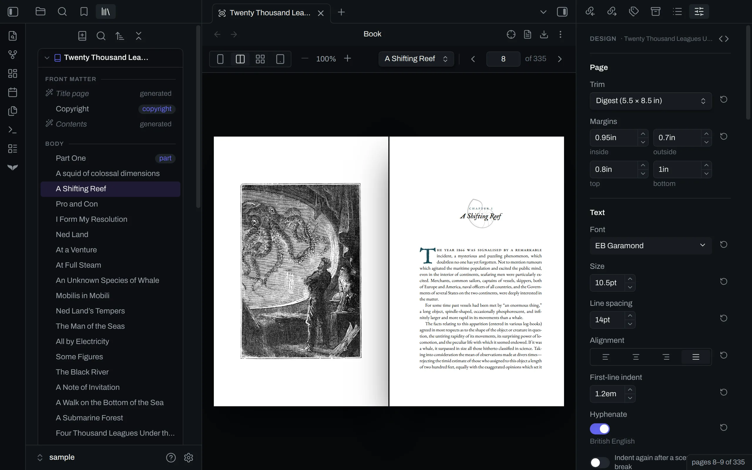 Obsidian with orca open: the navigator on the left, a spread of the book in the preview in the middle, and the design panel on the right.