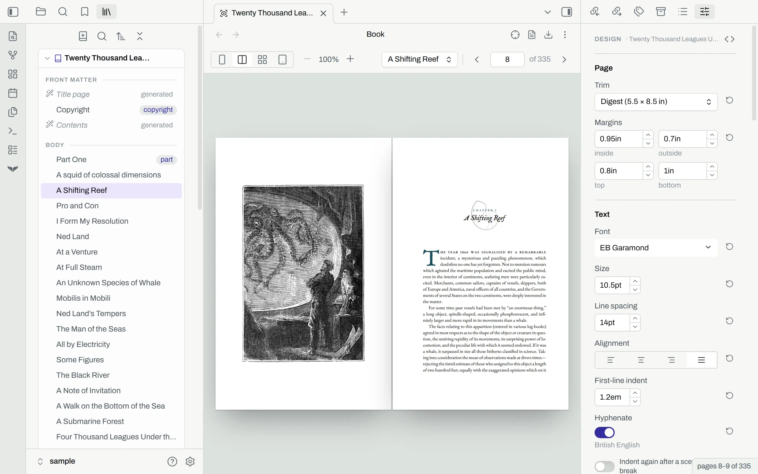 Obsidian with orca open: the navigator on the left, a spread of the book in the preview in the middle, and the design panel on the right.