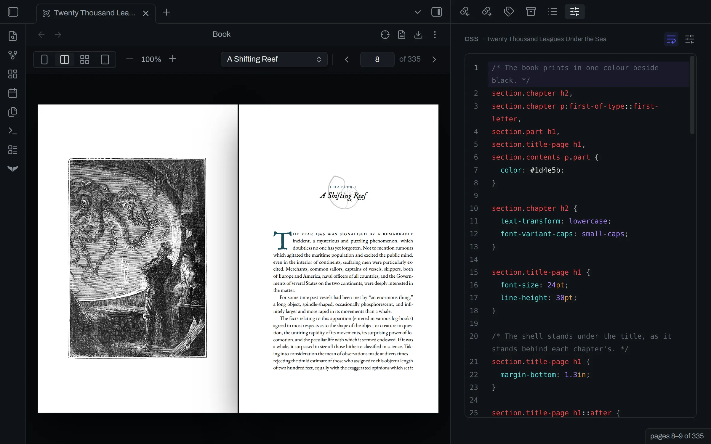 The CSS view of the design panel, with the rules that put a shell behind each chapter heading, beside the opening page of a chapter.