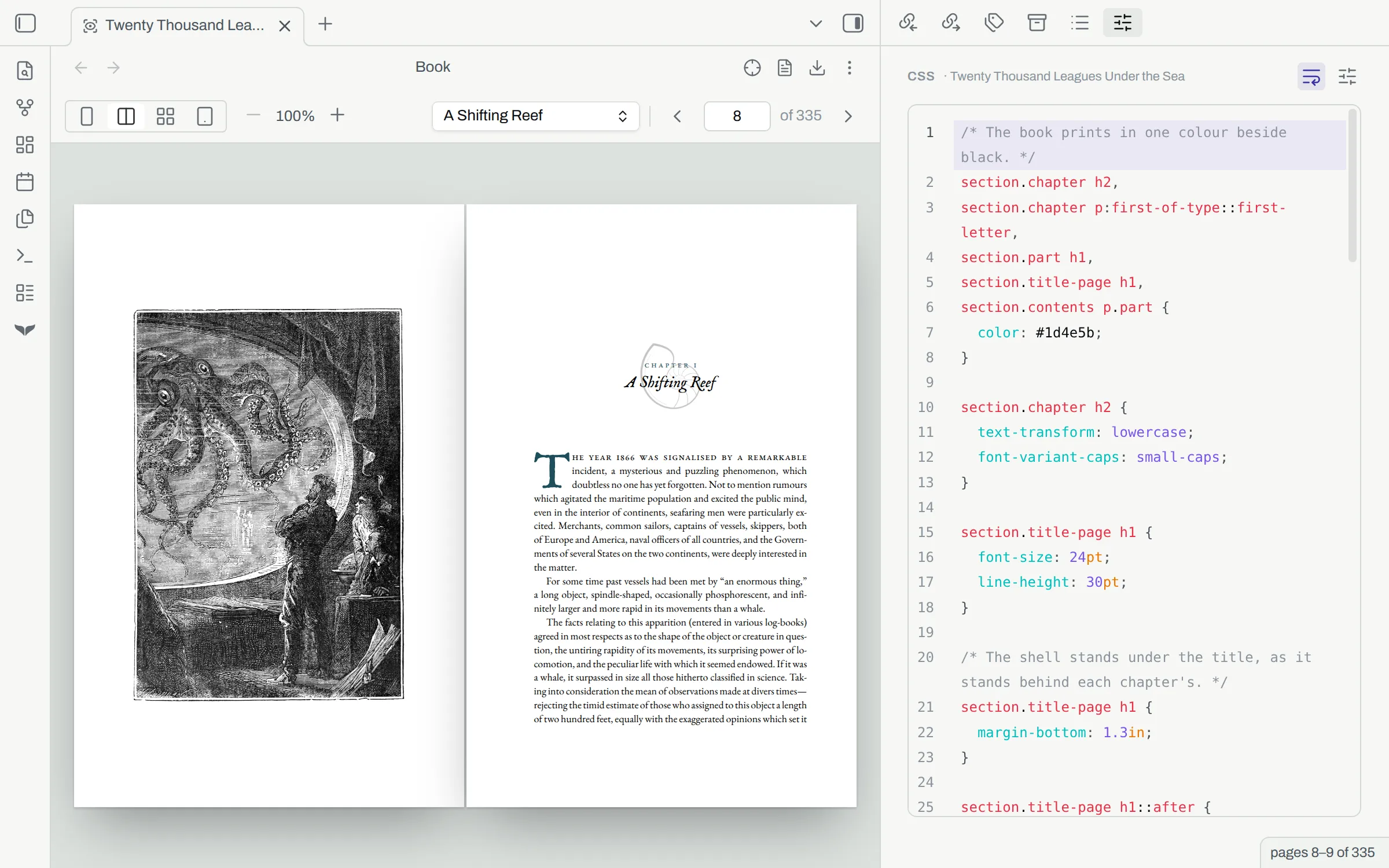 The CSS view of the design panel, with the rules that put a shell behind each chapter heading, beside the opening page of a chapter.