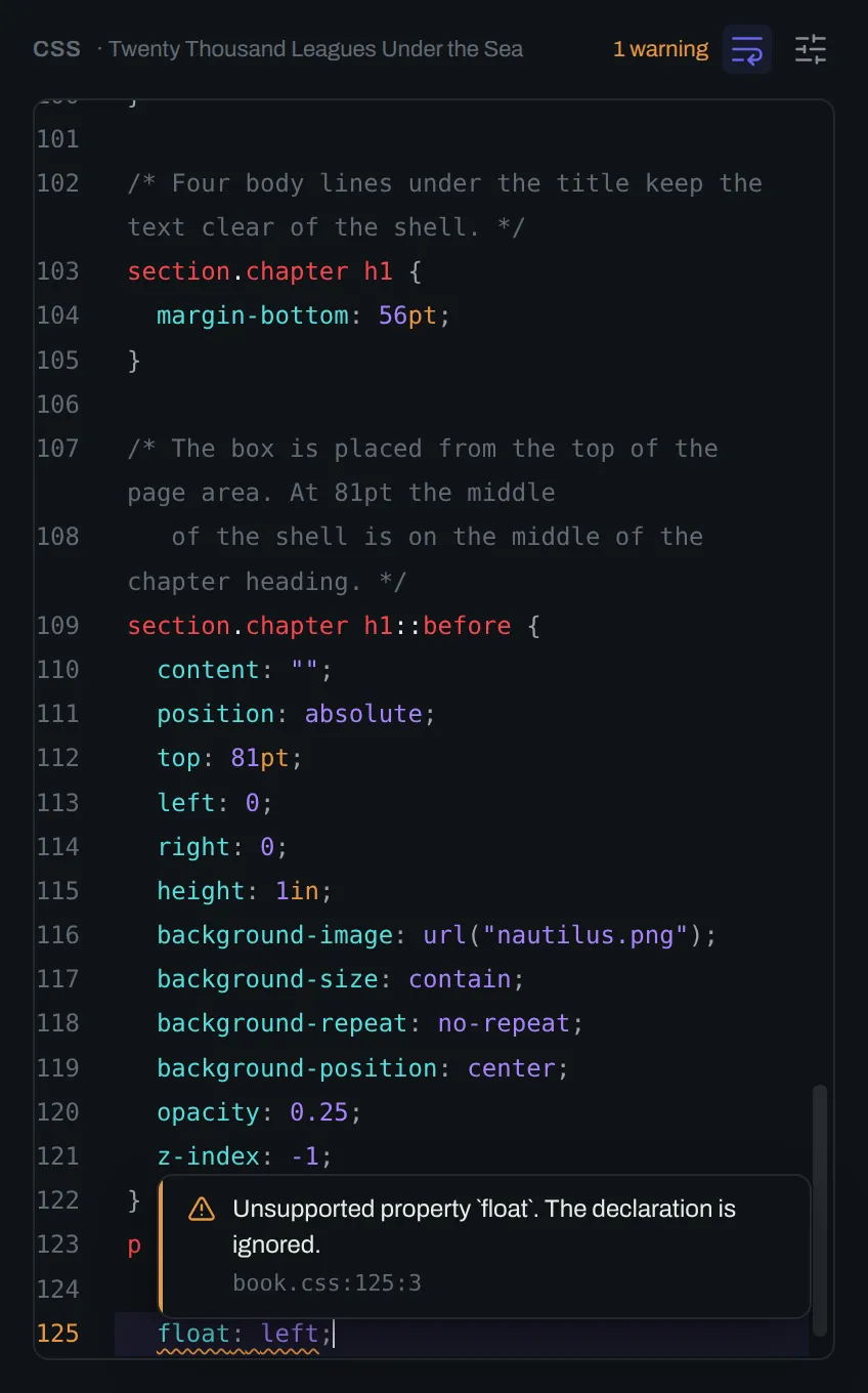 A declaration in the CSS view with a wavy line under it, the card that names the warning, and the count of warnings in the header.