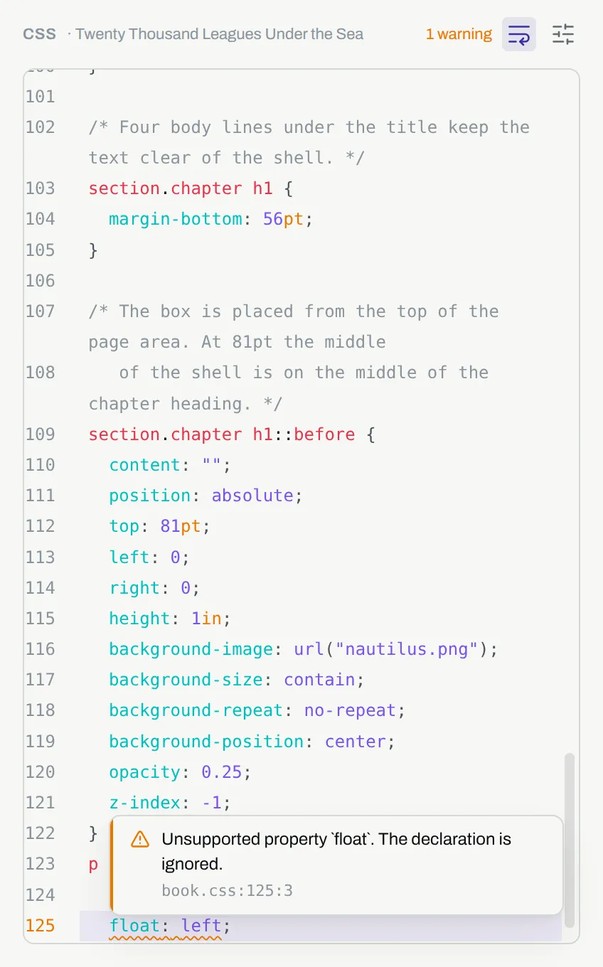 A declaration in the CSS view with a wavy line under it, the card that names the warning, and the count of warnings in the header.