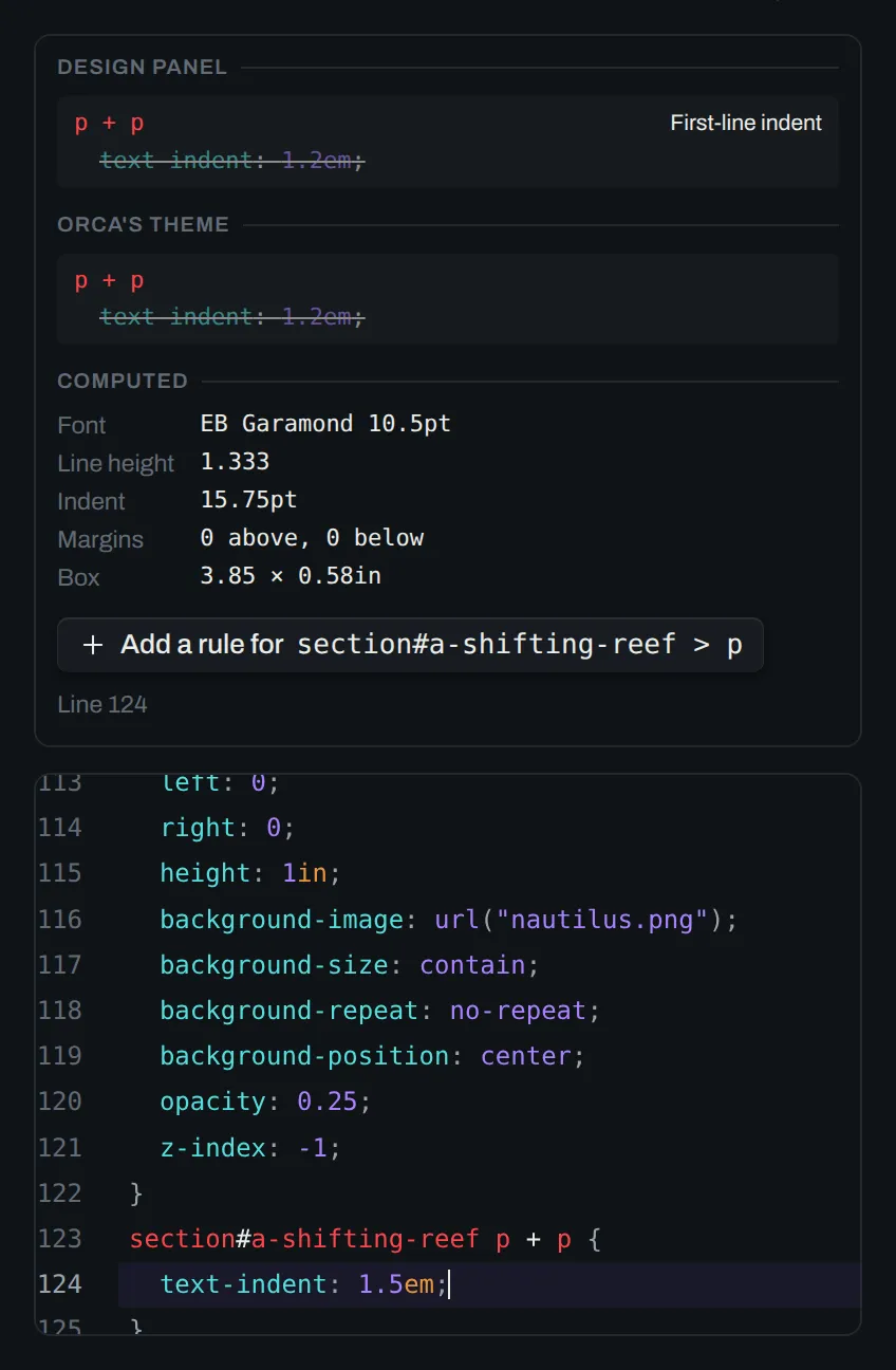 The foot of the inspector pane with Add a rule for and its selector, above the CSS view with the cursor on its last line.
