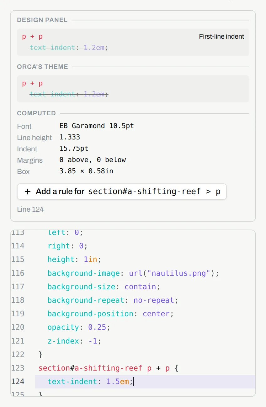 The foot of the inspector pane with Add a rule for and its selector, above the CSS view with the cursor on its last line.