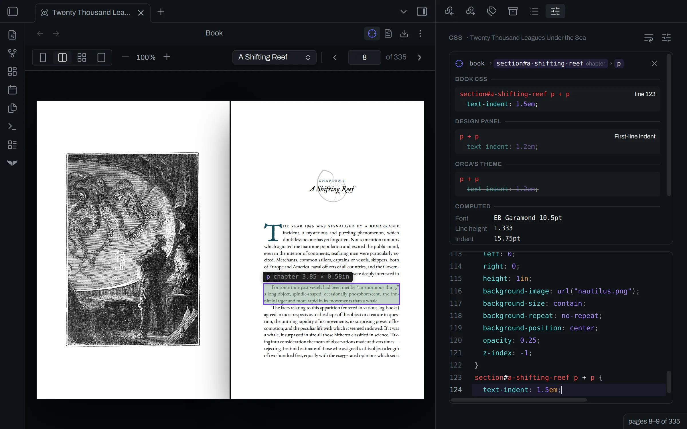 A paragraph pinned on a page of the preview, beside the pane that shows the rules that style it, grouped as Book CSS, Design panel and Orca's theme.