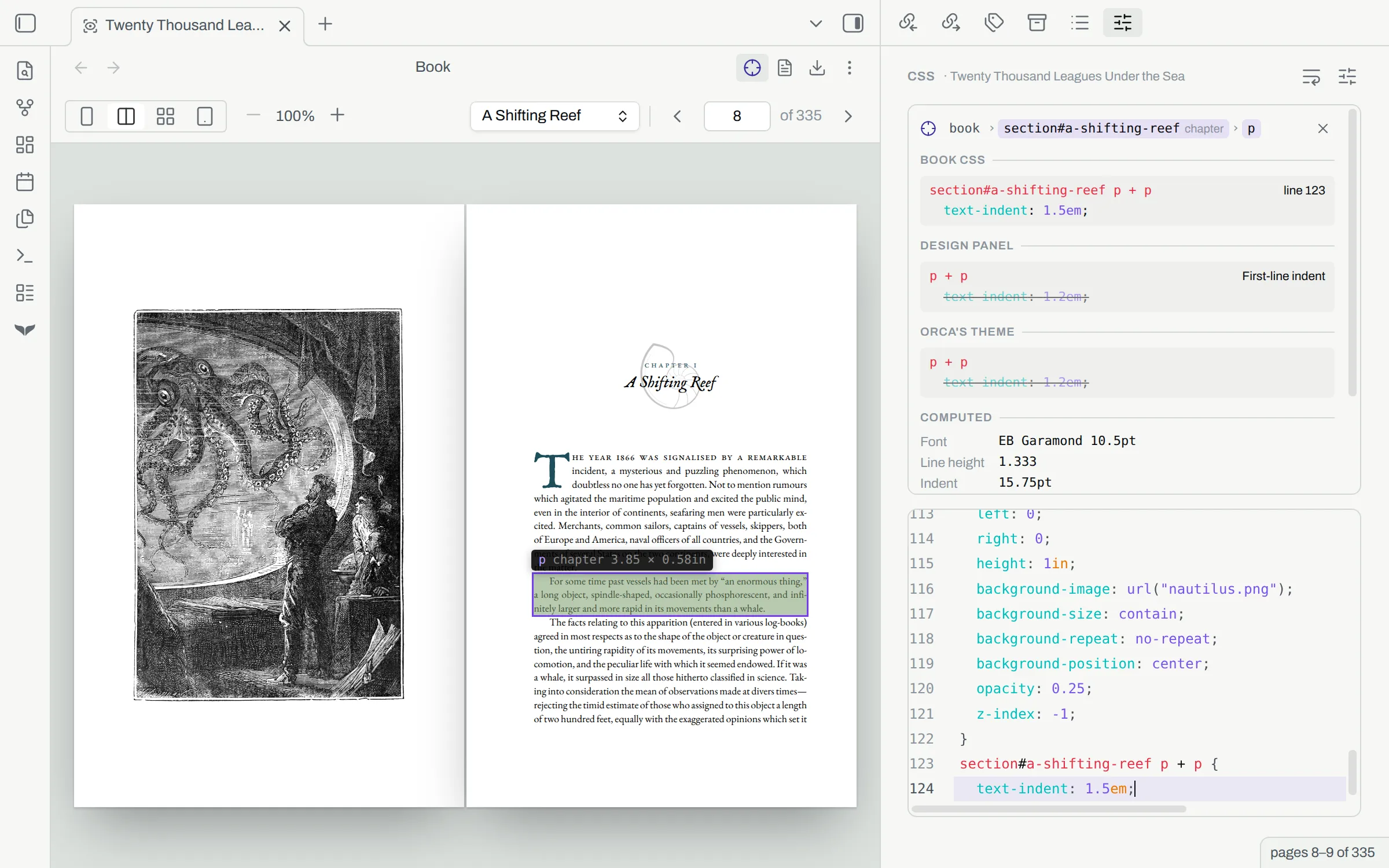 A paragraph pinned on a page of the preview, beside the pane that shows the rules that style it, grouped as Book CSS, Design panel and Orca's theme.