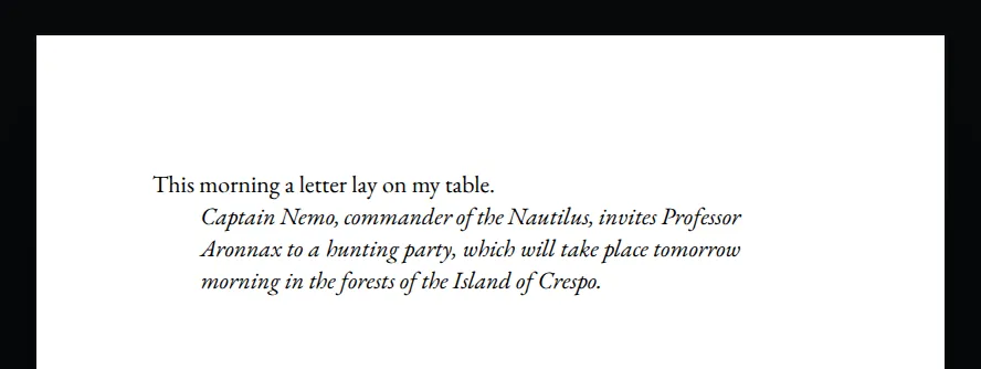 A page with a plain paragraph, then the letter set in italics and indented from both margins.