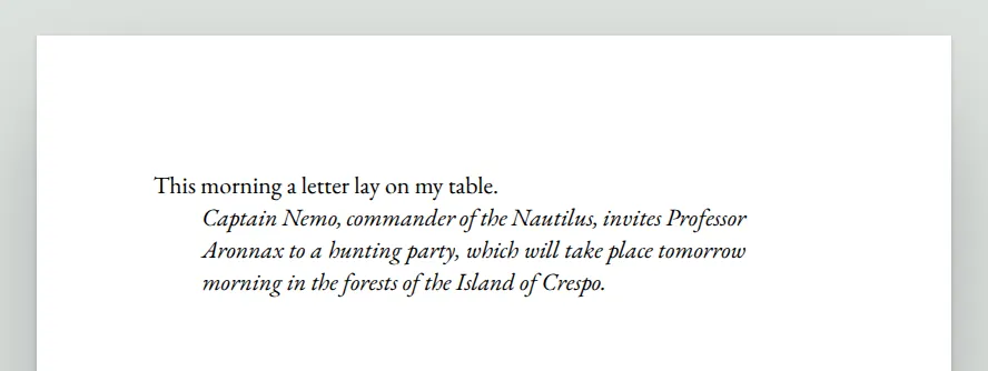 A page with a plain paragraph, then the letter set in italics and indented from both margins.