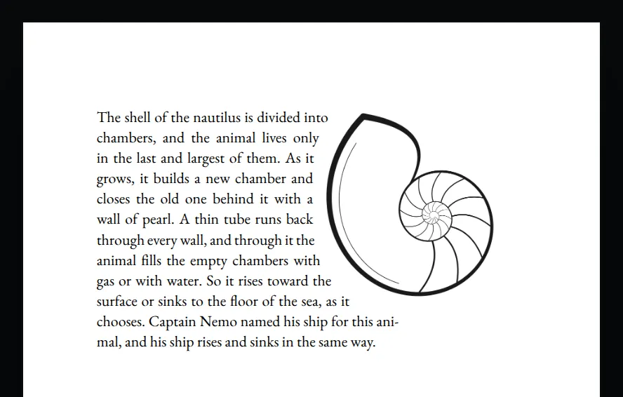 A page in which a paragraph wraps around the outline of a nautilus shell in the top right corner.