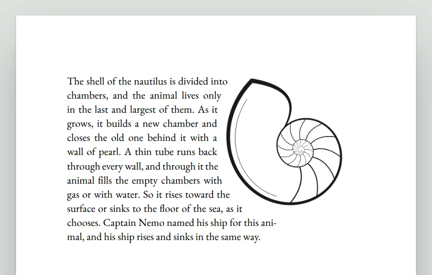 A page in which a paragraph wraps around the outline of a nautilus shell in the top right corner.
