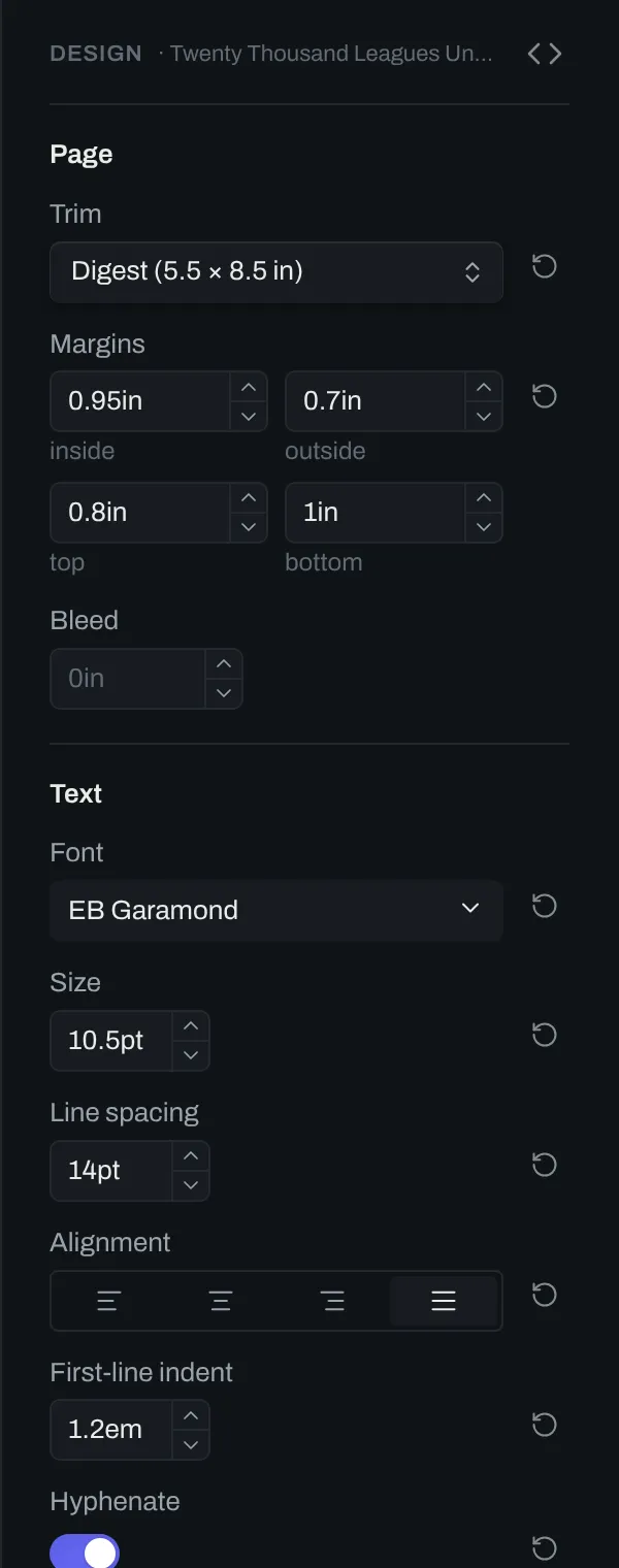 The design panel in the right sidebar, with the Page and Text groups at the top.