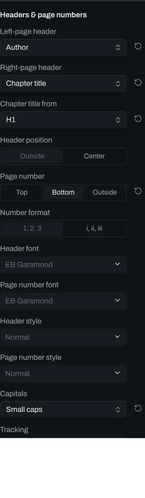 The Headers & page numbers group of the design panel, with the two headers, Chapter title from, Header position, Page number, Number format, Header font, Page number font, Header style, Page number style, Capitals, Tracking and a switch.