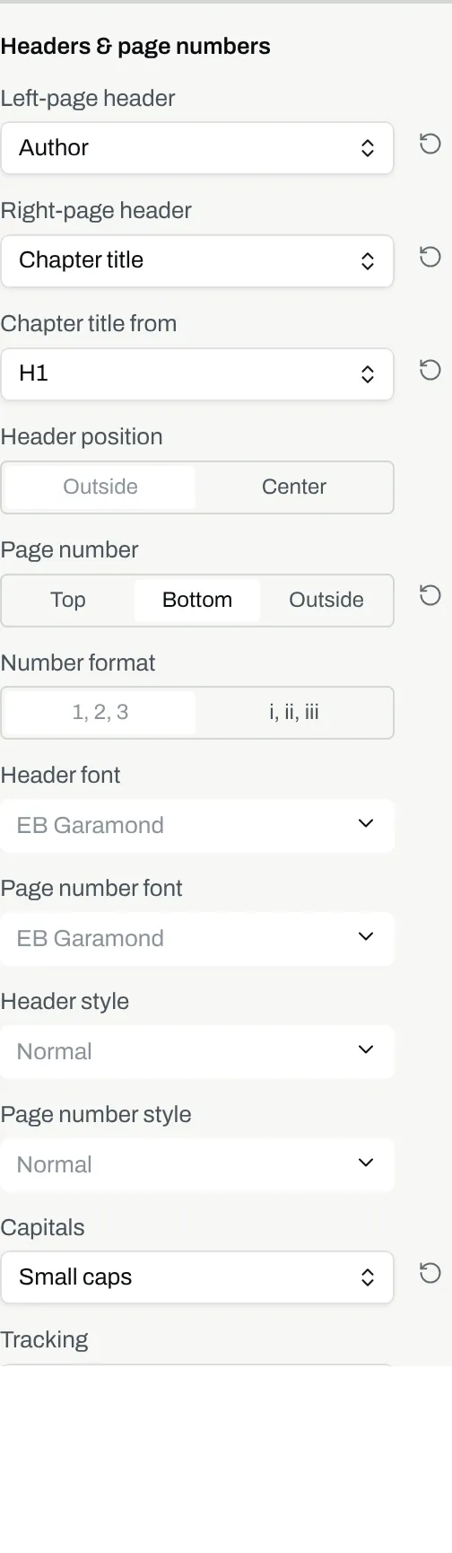 The Headers & page numbers group of the design panel, with the two headers, Chapter title from, Header position, Page number, Number format, Header font, Page number font, Header style, Page number style, Capitals, Tracking and a switch.