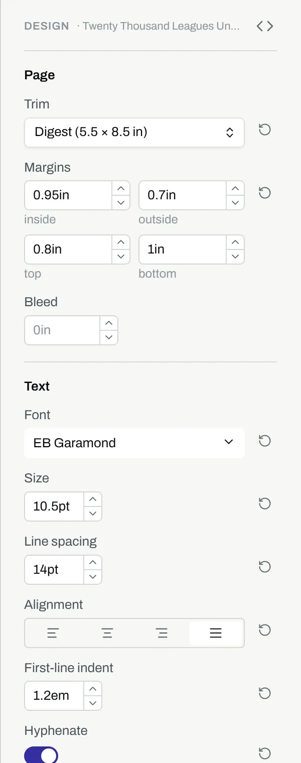 The design panel in the right sidebar, with the Page and Text groups at the top.