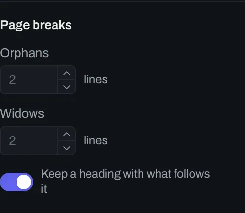 The Page breaks group of the design panel, with Orphans, Widows and a switch.