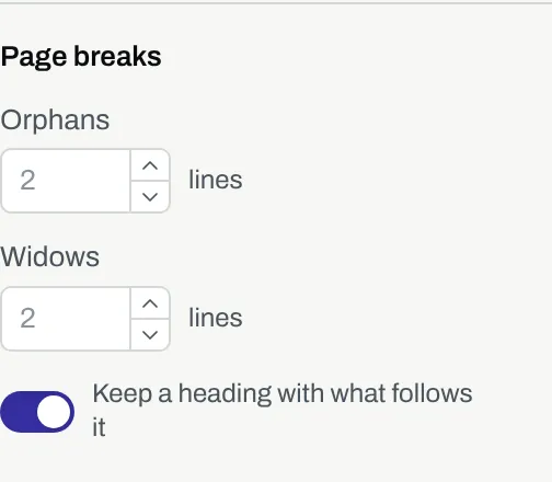 The Page breaks group of the design panel, with Orphans, Widows and a switch.