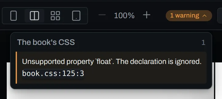 The count of warnings in the preview, open on the list of warnings, with the warnings for the book's CSS and the place of each.
