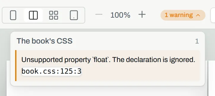 The count of warnings in the preview, open on the list of warnings, with the warnings for the book's CSS and the place of each.
