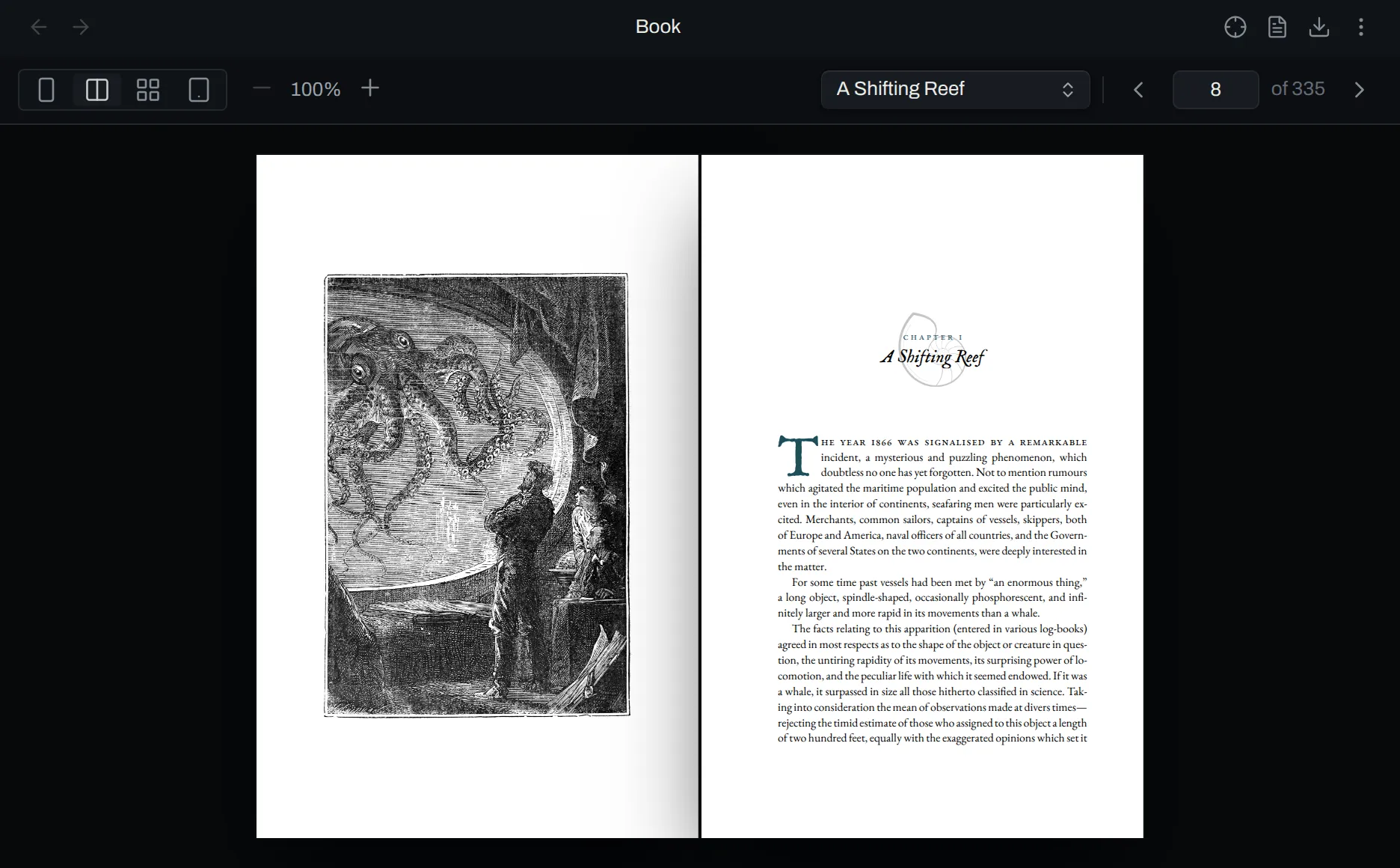 The preview of a chapter, with Inspect the page, Open as markdown and Export book in the header.