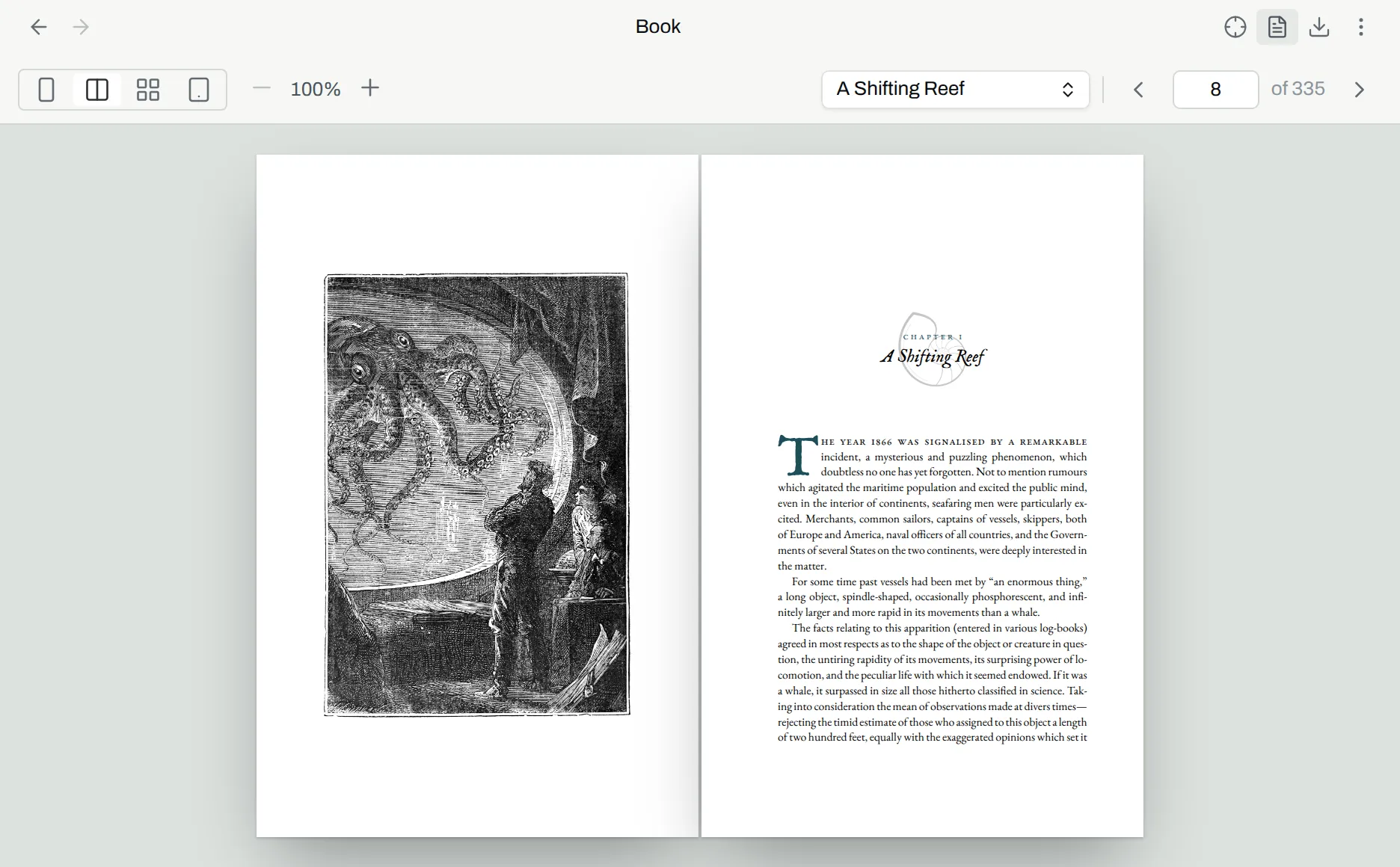 The preview of a chapter, with Inspect the page, Open as markdown and Export book in the header.